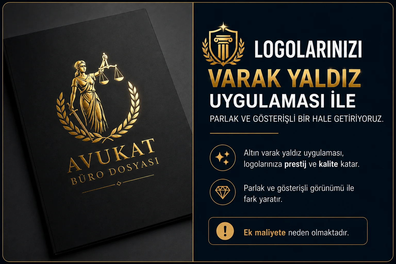 Altın varak yaldız uygulaması ile avukat büro dosyalarınızın logosuna parlak, prestijli ve gösterişli bir görünüm kazandırın.