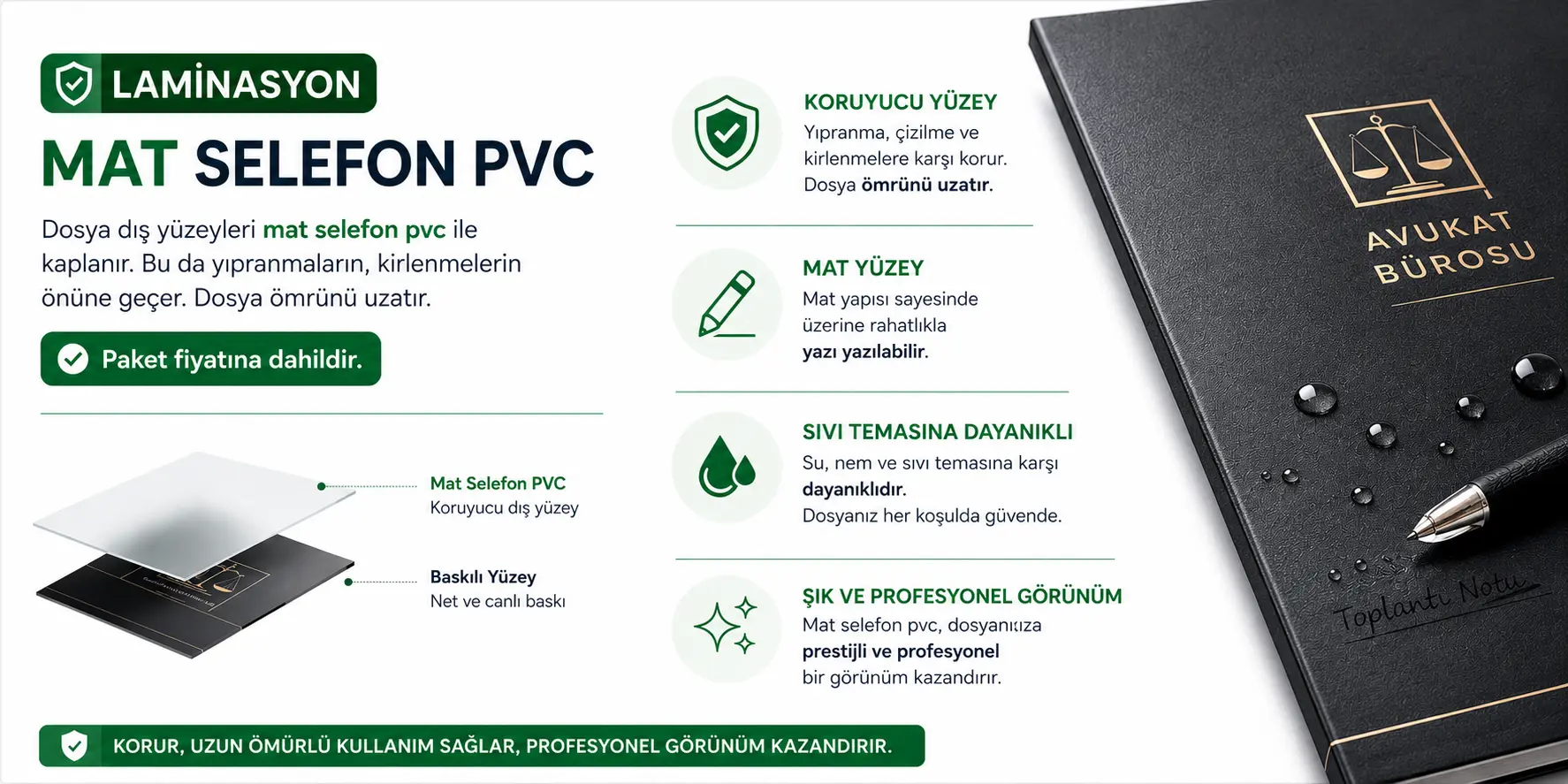 Mat Selefon Kaplamalı ve Sıvıya Dayanıklı Avukat Büro Dosyası Özellikleri