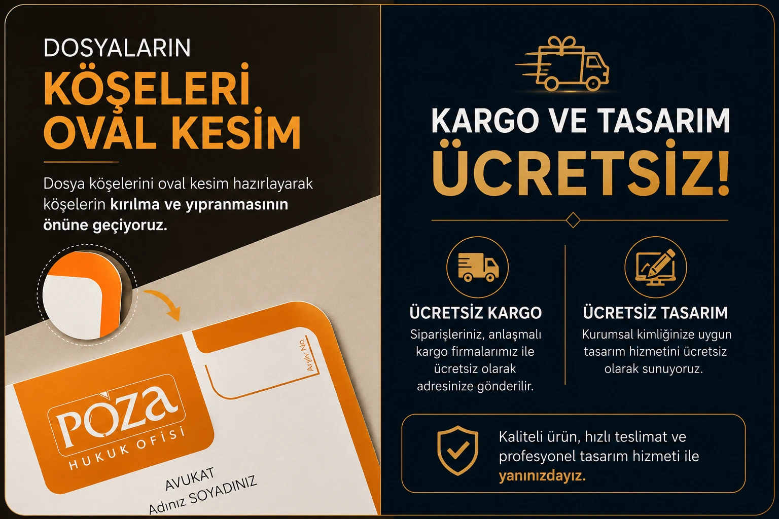 Dosya köşelerinde uygulanan oval kesim sayesinde kırılma ve yıpranma önlenir. Siparişleriniz ücretsiz kargo ve ücretsiz tasarım desteği ile hazırlanır.