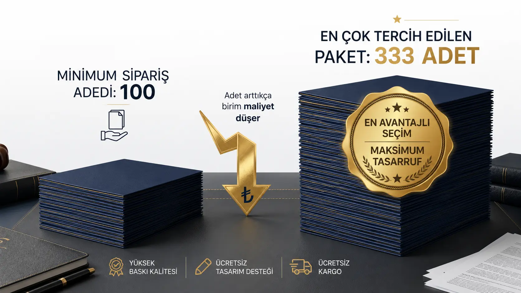 Avukat dosyası siparişlerinde 100 adetten başlayan üretim ve 333 adette maksimum fiyat avantajı
