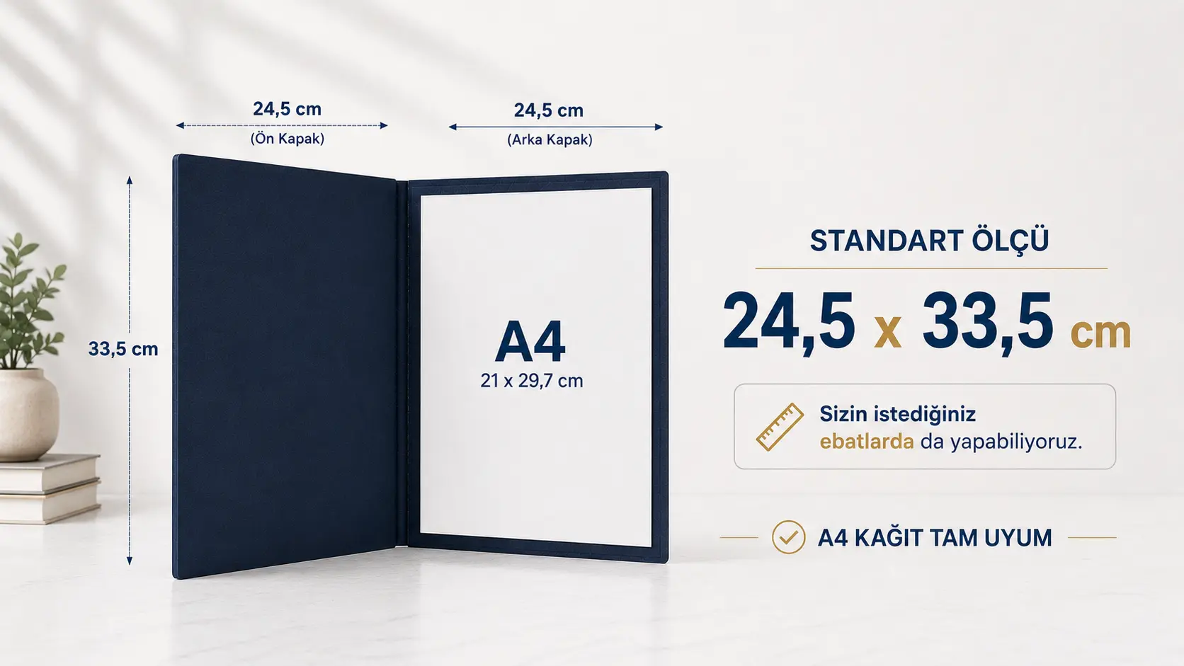 Avukat dosyası standart ölçü ve ebat bilgileri: 24,5 x 33,5 cm ölçü ile A4 kağıt tam uyum