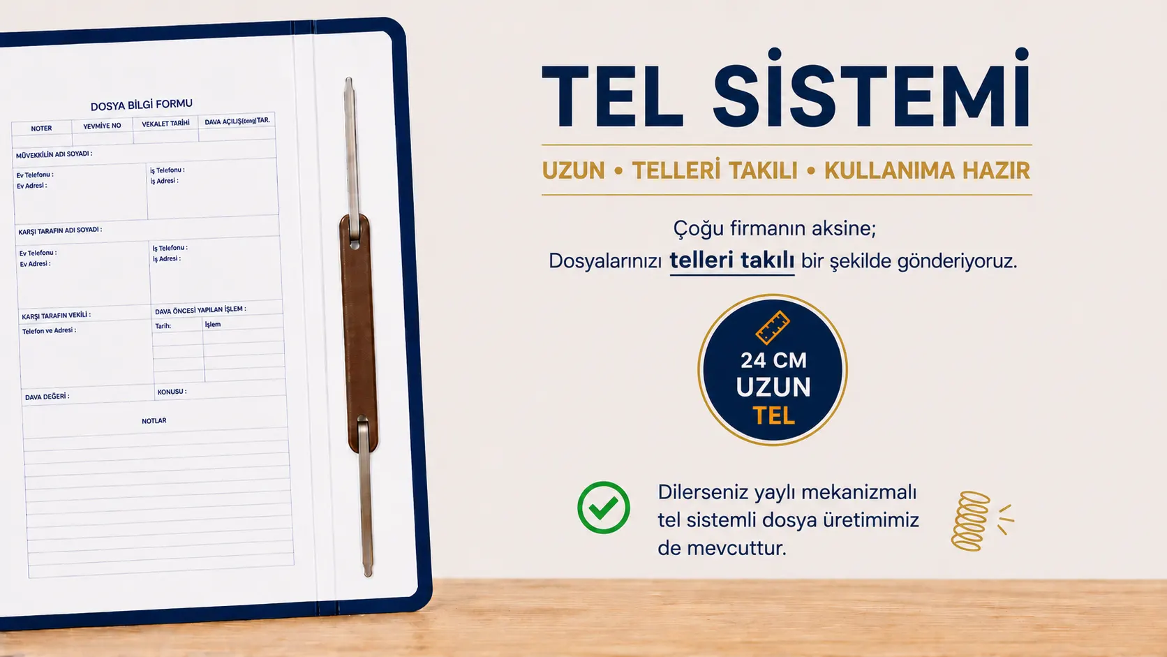 24 cm uzun tel sistemi ve kullanıma hazır telleri takılı avukat dosyası