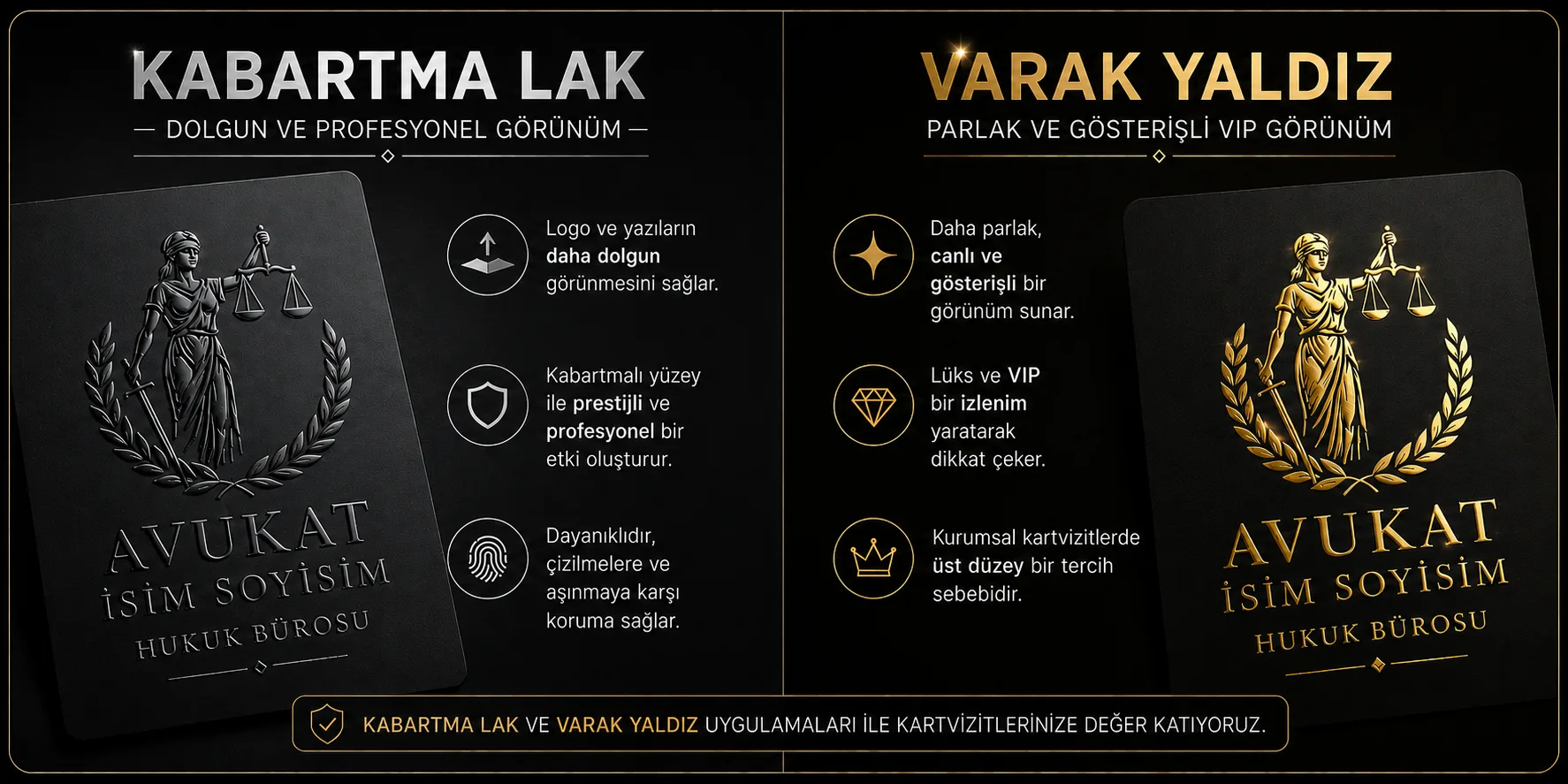 avukat kartvizit kabartma lak ve varak yaldız uygulaması poza
