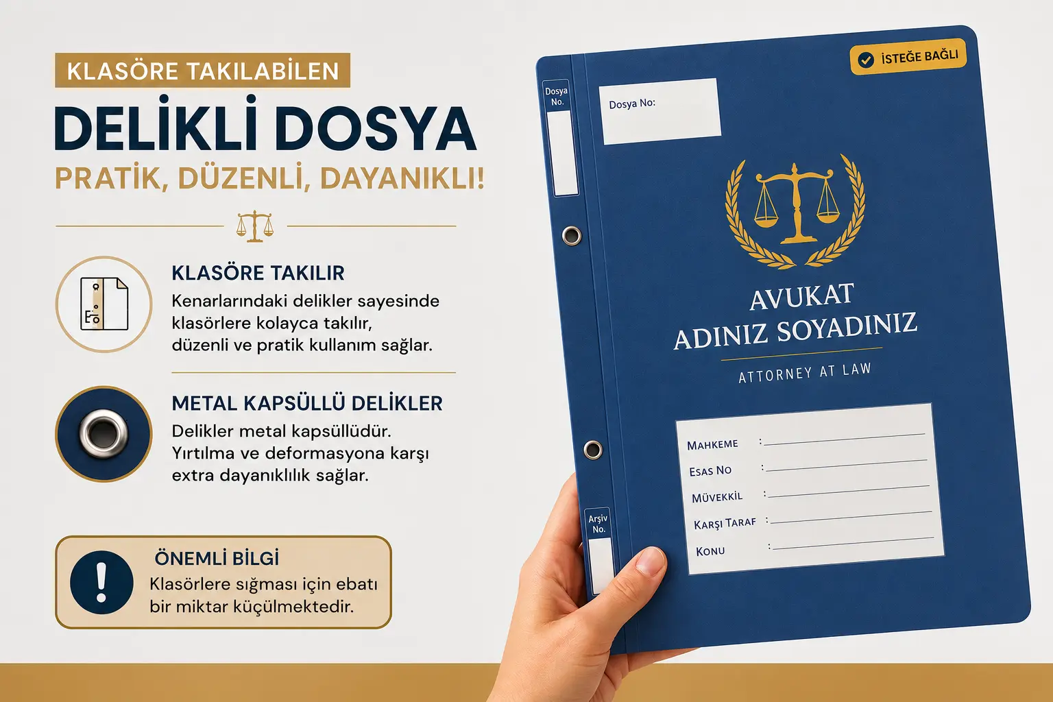 Klasöre takılabilen delikli avukat büro dosyası, metal kapsüllü delikleri sayesinde yırtılmaya karşı dayanıklı ve düzenli kullanım sunar.