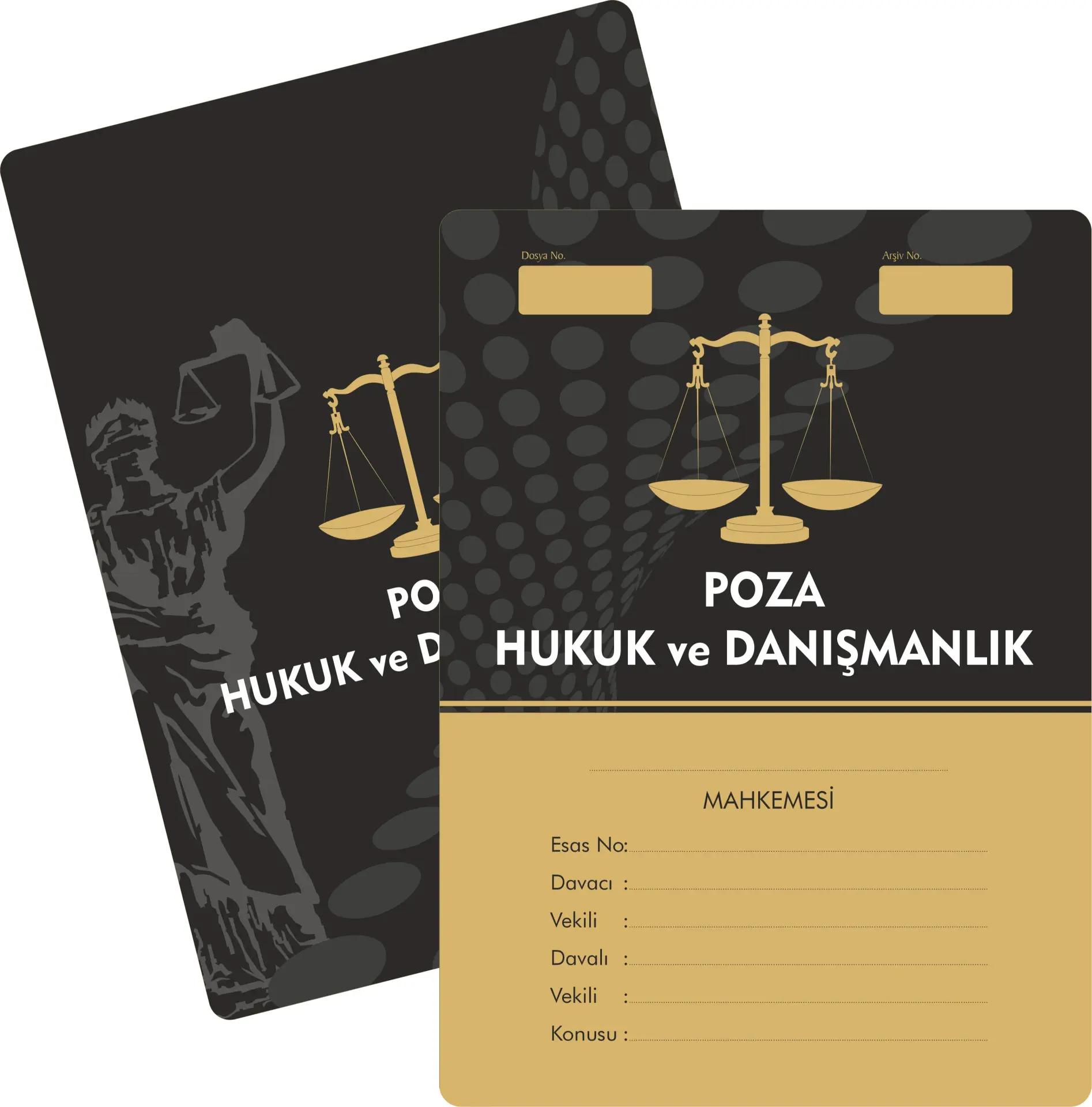 Siyah-gold detayları, Themis figürü ve adalet terazisiyle güçlü kurumsal duruş sunan premium avukat büro dosyası.