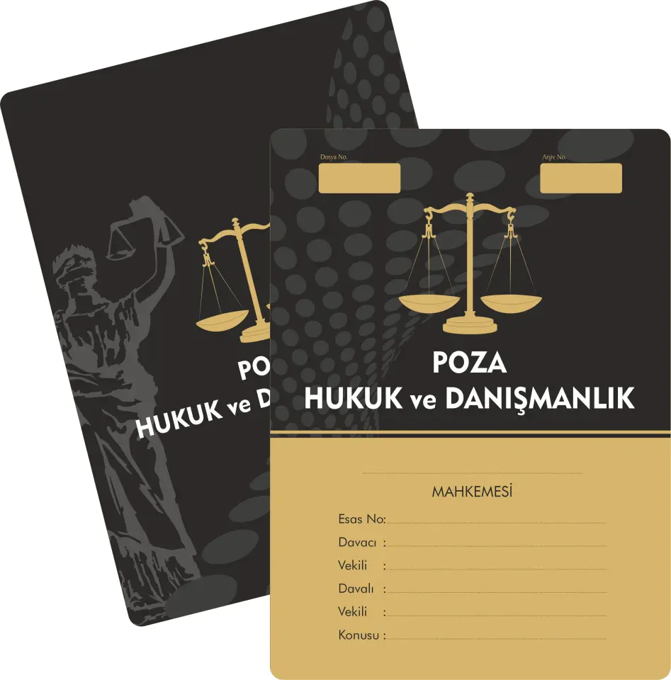 Siyah-gold detayları, Themis figürü ve adalet terazisiyle güçlü kurumsal duruş sunan premium avukat büro dosyası.
