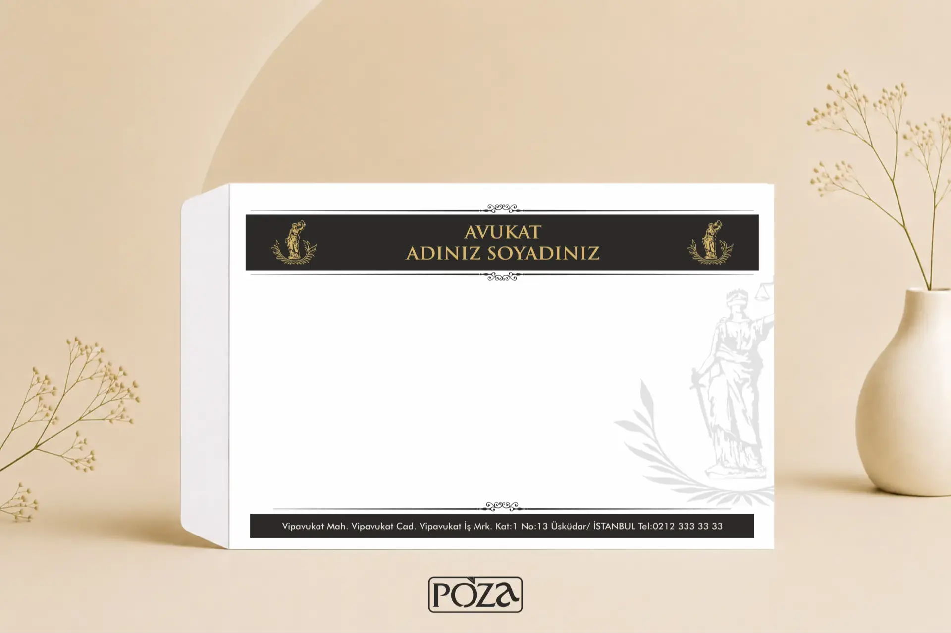 Siyah gold tasarımlı Avukat A4 Torba Zarf Model 101, 24x32 cm ölçülerinde kişiye özel kurumsal avukat torba zarf tasarımı