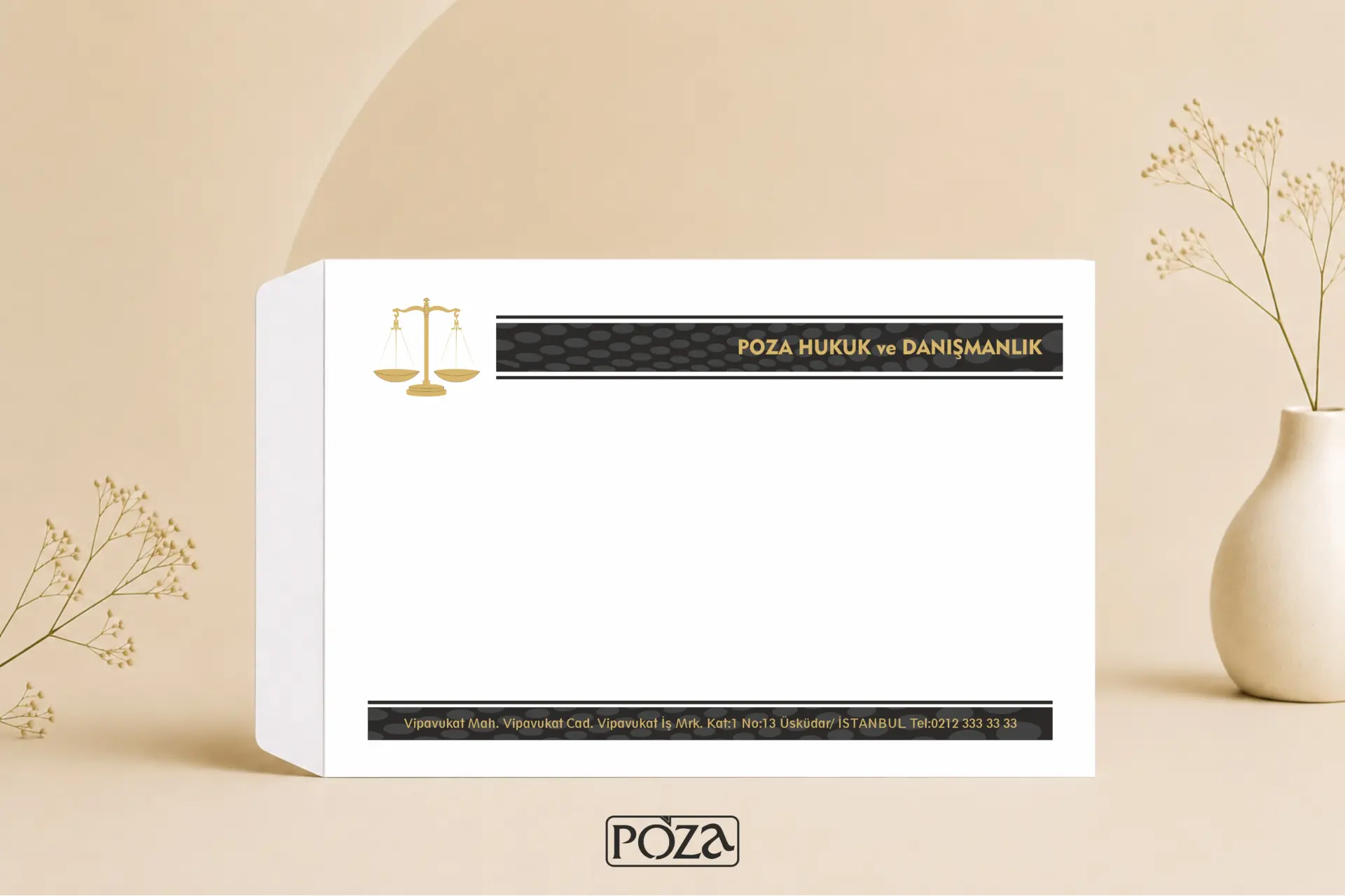 Avukat A4 torba zarf model 108 siyah gold desenli premium hukuk bürosu zarf tasarımı