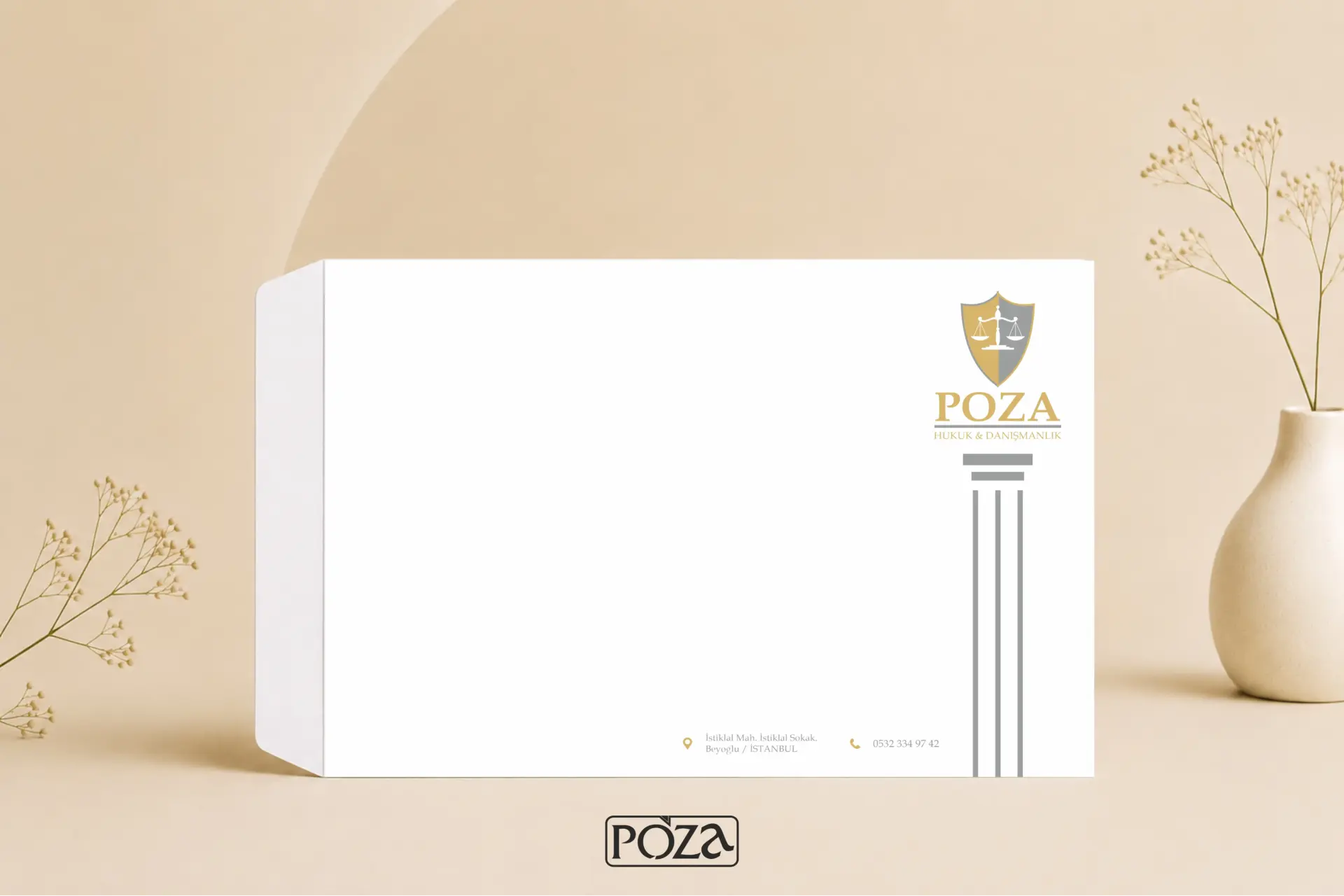 Avukat A4 torba zarf model 116 gri gold detaylı roma sütunlu premium hukuk bürosu zarf tasarımı