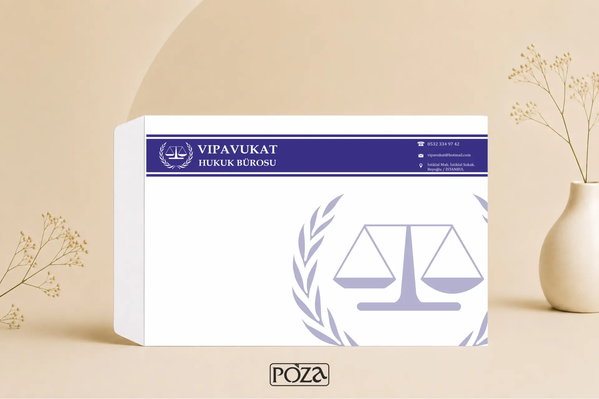 Avukat A4 torba zarf model 117 lacivert baskılı terazi filigranlı kurumsal hukuk bürosu zarf tasarımı