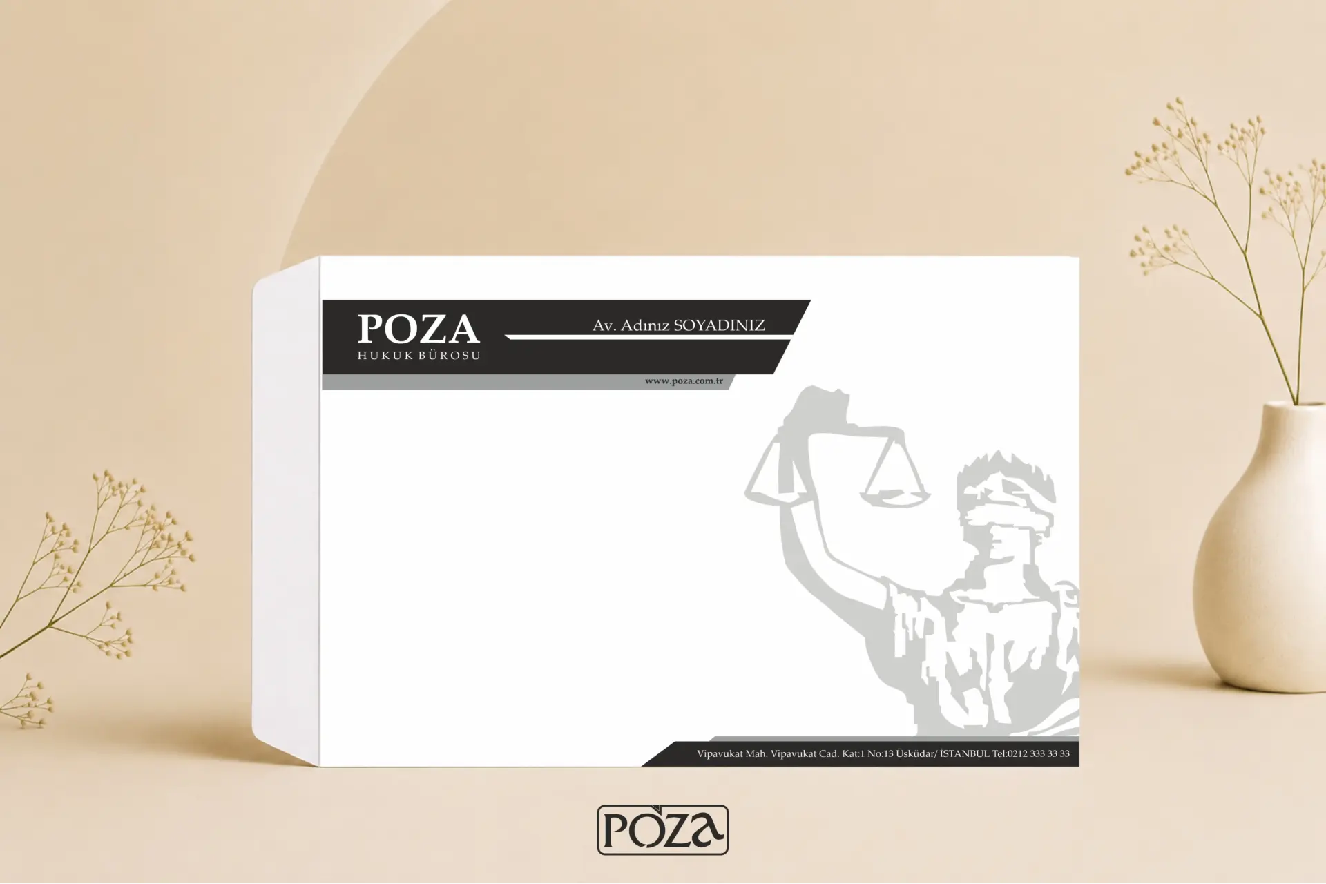 Avukat A4 torba zarf model 118 siyah gri detaylı themis figürlü modern hukuk bürosu zarf tasarımı