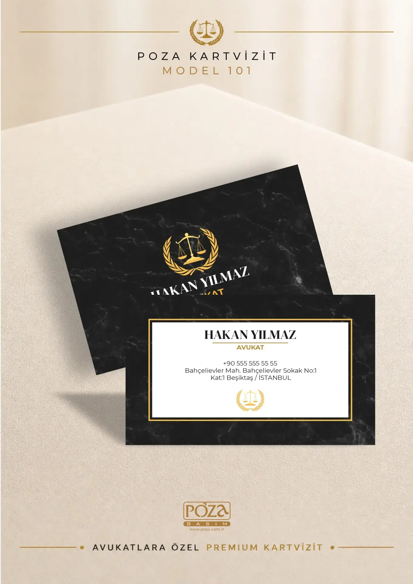 Avukat Kartvizit Model 101 siyah gold premium avukat kartviziti, kabartma lak, mat selefon PVC, oval kesim ve kişiye özel tasarım