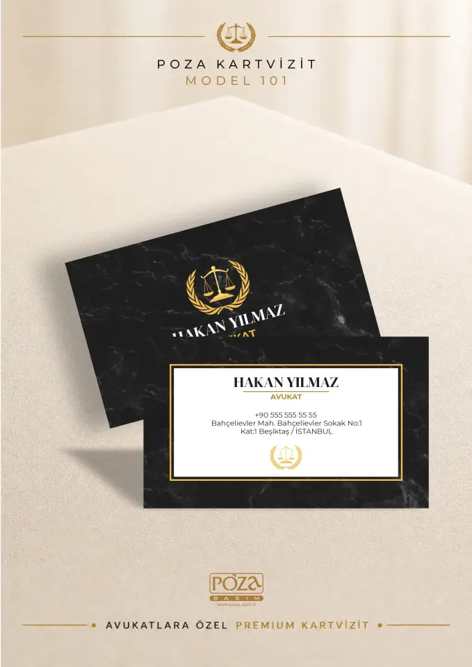 Avukat Kartvizit Model 101 siyah gold premium avukat kartviziti, kabartma lak, mat selefon PVC, oval kesim ve kişiye özel tasarım