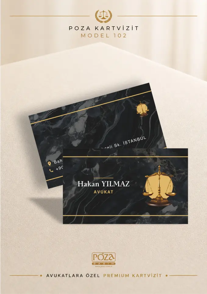 Avukat Kartvizit Model 102 mermer desenli premium avukat kartviziti, altın terazi amblemli, minimal ve şık tasarımıyla Poza Basım kalitesi