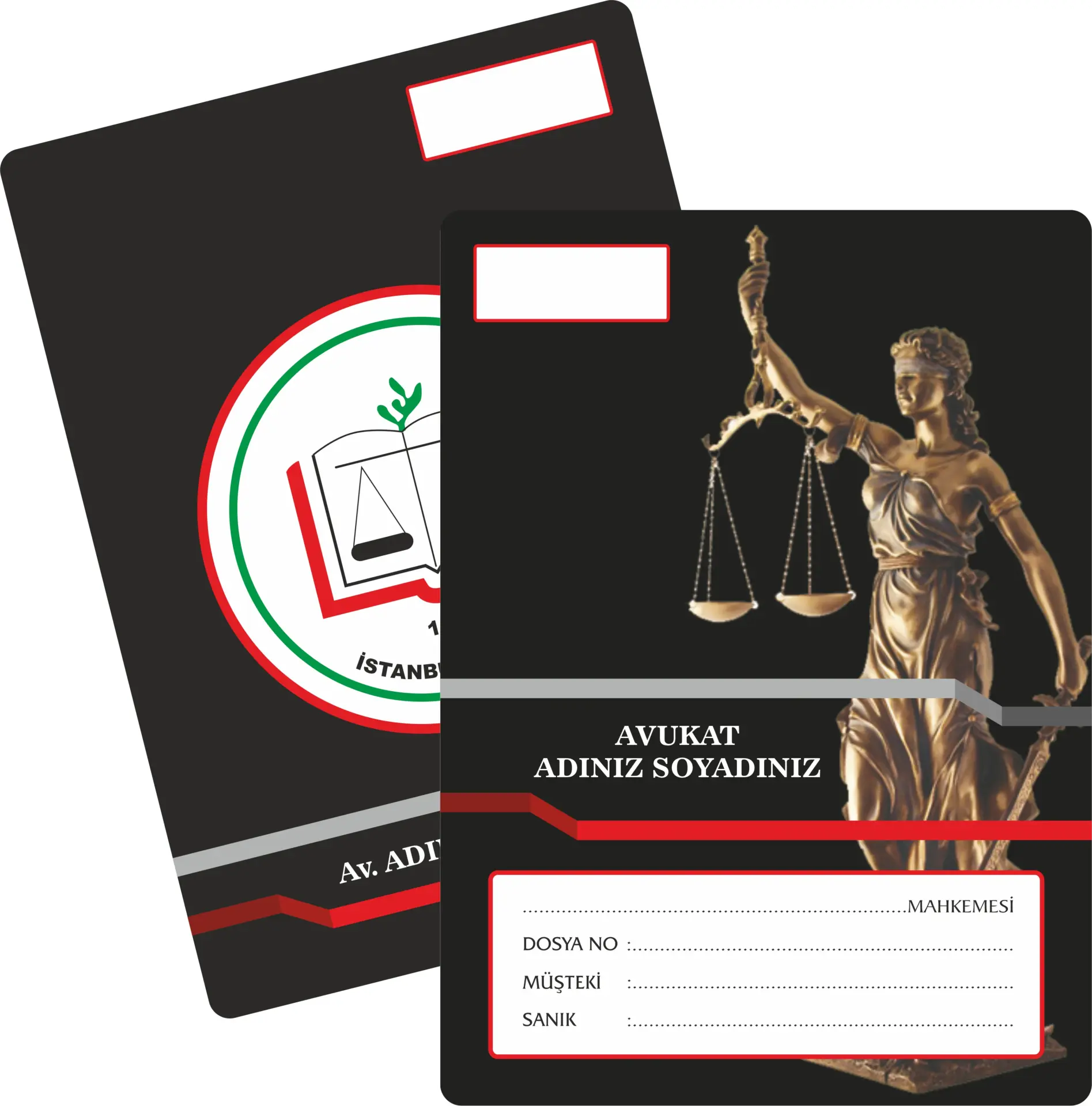 Gerçekçi Themis figürü ve premium CMYK baskısıyla adalet temasını güçlü şekilde yansıtan üst segment avukat büro dosyası.