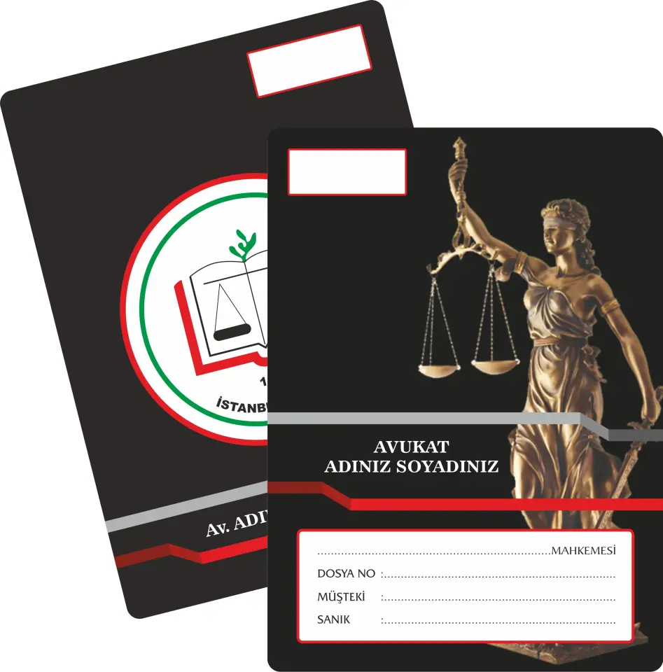 Gerçekçi Themis figürü ve premium CMYK baskısıyla adalet temasını güçlü şekilde yansıtan üst segment avukat büro dosyası.