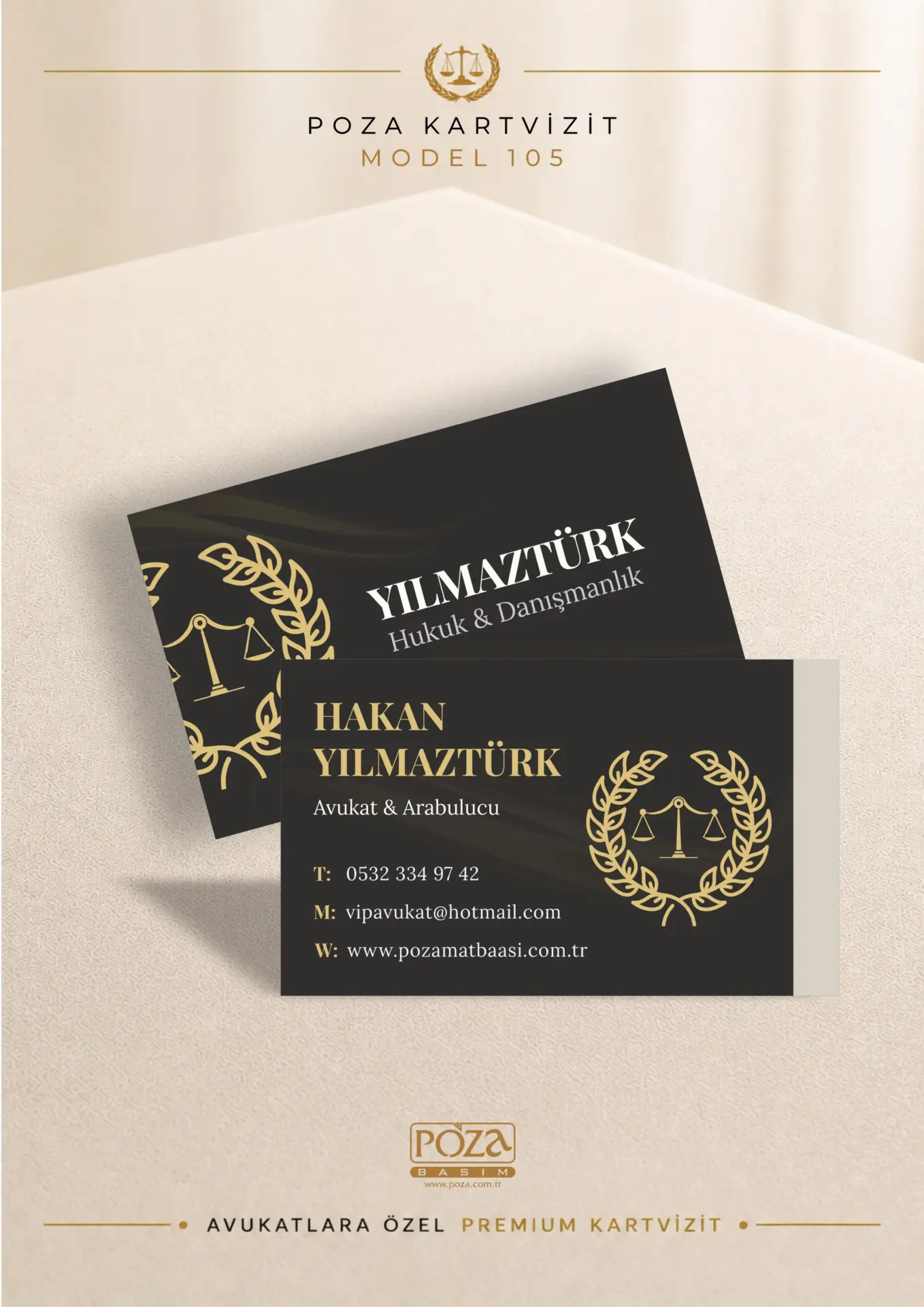 Poza Avukat Kartvizit Model 105, siyah gold terazi temalı kişiye özel premium avukat kartviziti.
