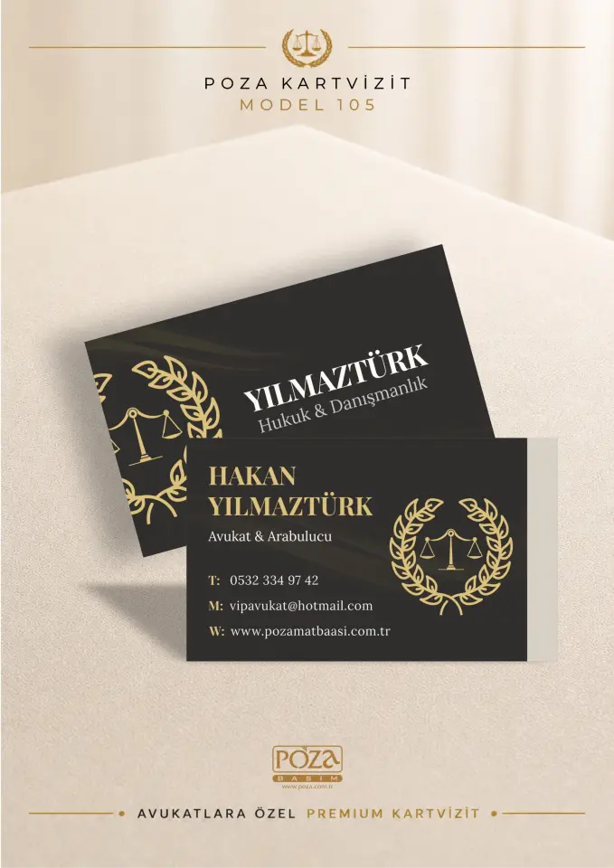 Poza Avukat Kartvizit Model 105, siyah gold terazi temalı kişiye özel premium avukat kartviziti.