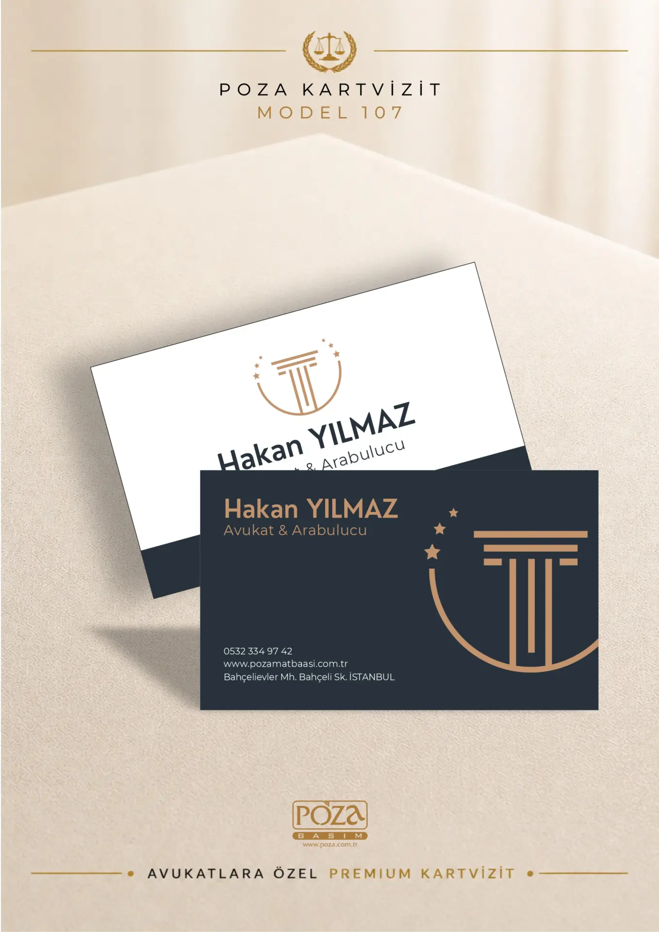Poza Avukat Kartvizit Model 107, antrasit gold ve beyaz tasarımlı kişiye özel premium avukat kartviziti.