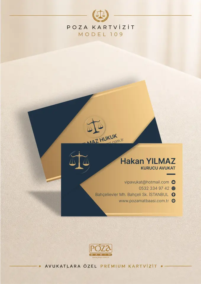 Poza Avukat Kartvizit Model 109, krem ve lacivert renklerde kişiye özel premium avukat kartviziti.