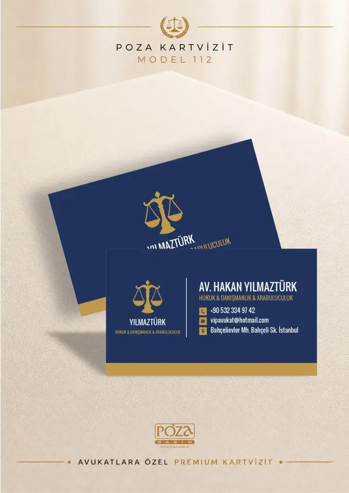 Poza Avukat Kartvizit Model 112 kozmik lacivert ve gold renklerde sade kurumsal premium kartvizit tasarımı