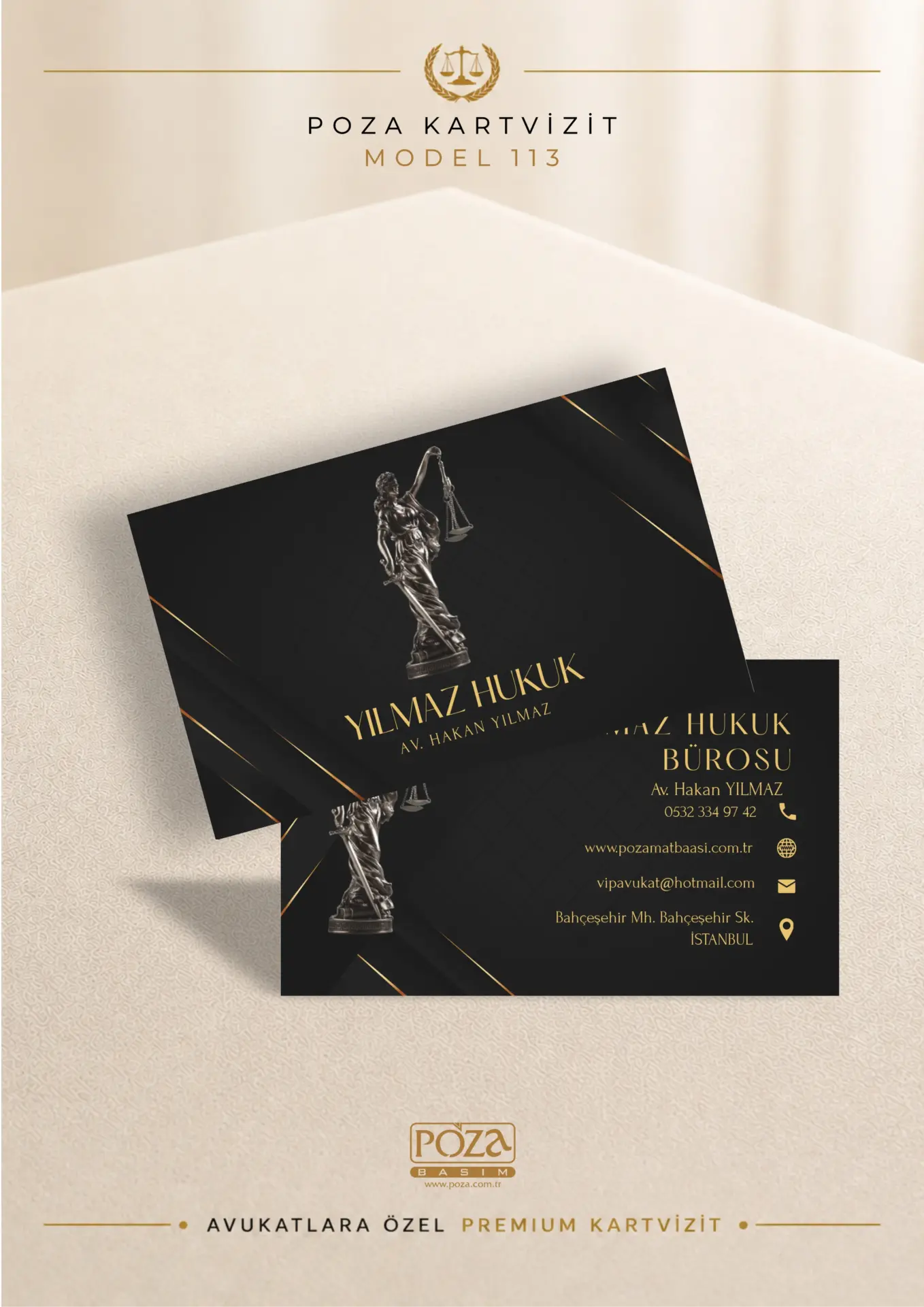Poza Avukat Kartvizit Model 113 gümüş Themis figürlü, gold çizgili prestijli premium kartvizit tasarımı.
