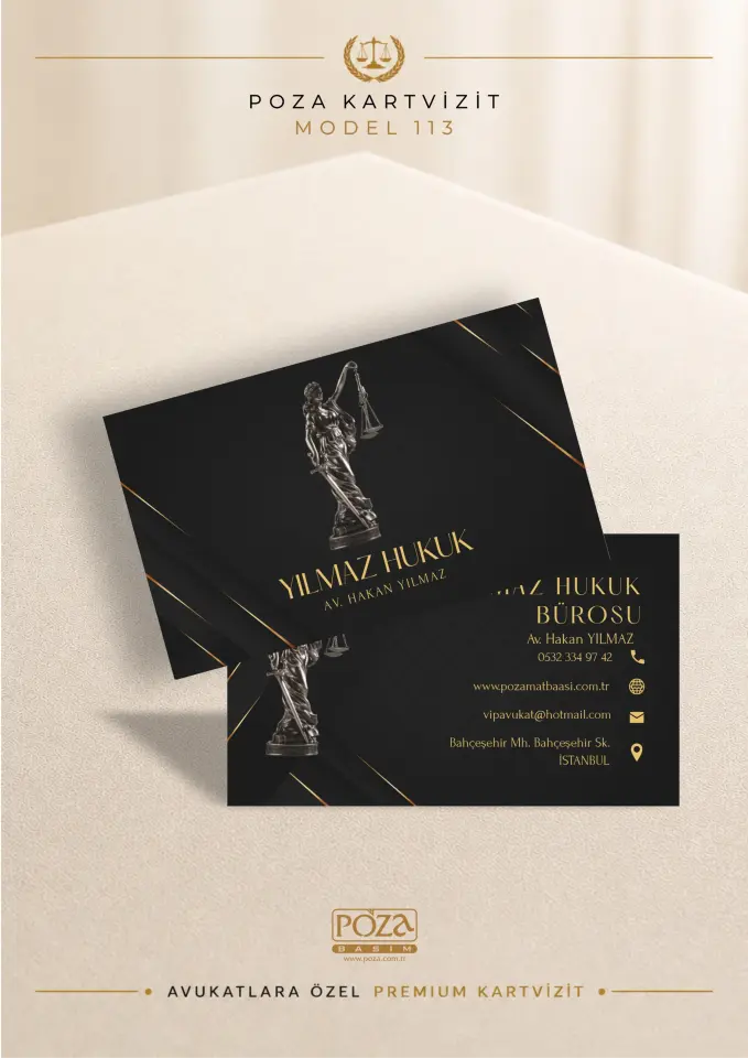 Poza Avukat Kartvizit Model 113 gümüş Themis figürlü, gold çizgili prestijli premium kartvizit tasarımı.