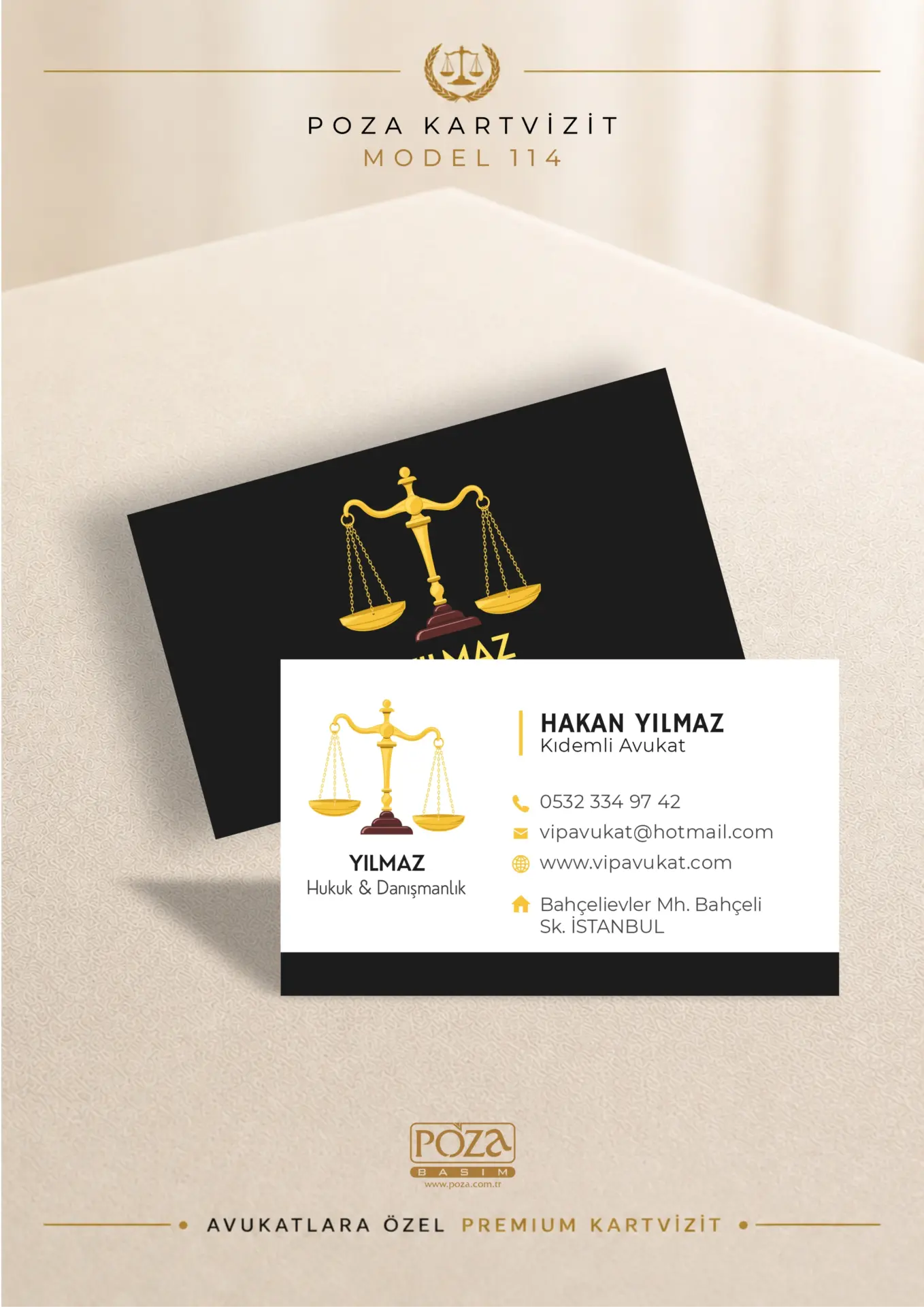 Poza Avukat Kartvizit Model 114 canlı gold terazili, beyaz ve siyah renklerde premium kartvizit tasarımı.