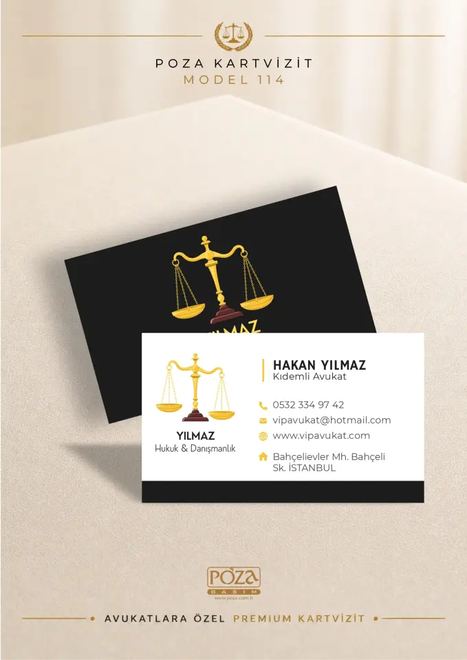 Poza Avukat Kartvizit Model 114 canlı gold terazili, beyaz ve siyah renklerde premium kartvizit tasarımı.