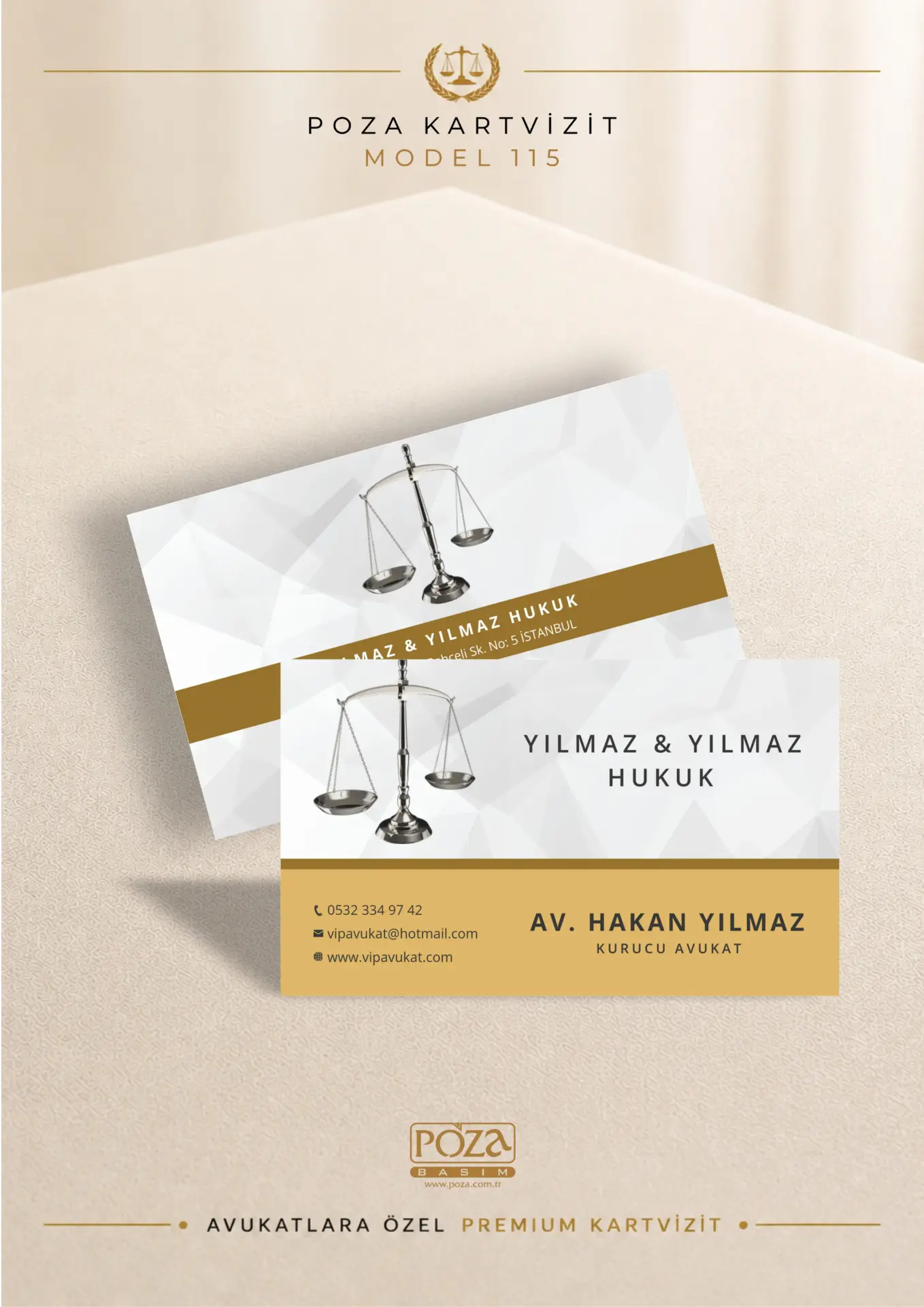 Poza Avukat Kartvizit Model 115 gold ve krem tonlarında, adalet terazili premium kartvizit tasarımı.