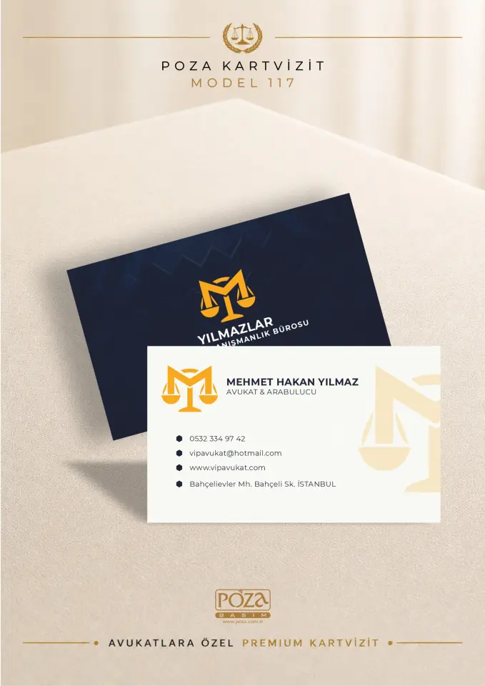 Poza Avukat Kartvizit Model 117 desenli kozmik lacivert zeminli gold logolu premium kartvizit tasarımı.