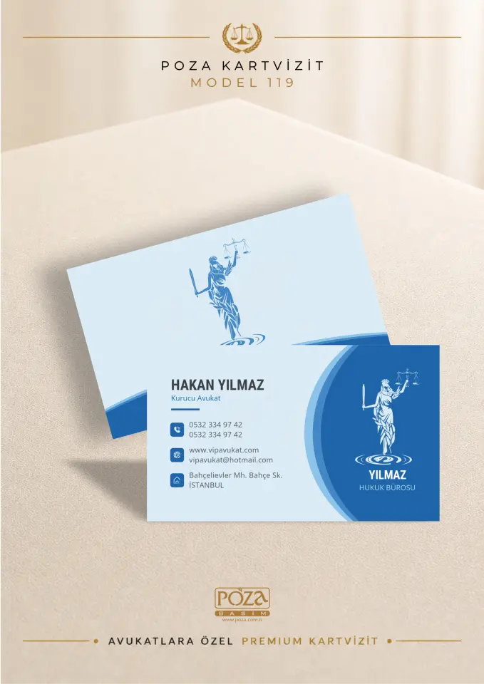 Poza Avukat Kartvizit Model 119 açık lacivert, cyan ve pastel tonlarda hazırlanan modern premium kartvizit tasarımı.