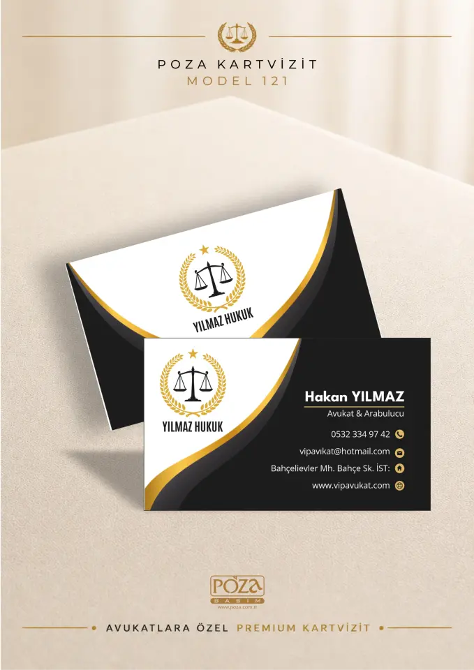 Poza Avukat Kartvizit Model 121 siyah, beyaz ve gold detaylı, varak yaldıza uygun premium kartvizit tasarımı.