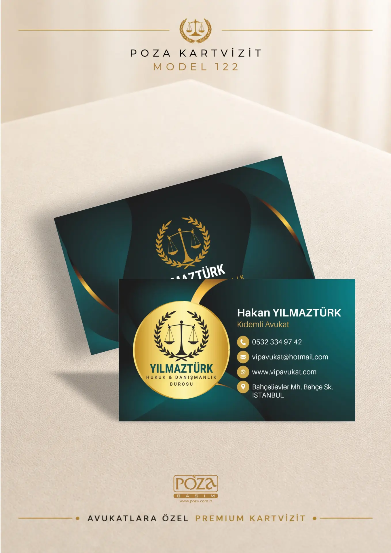 Poza Avukat Kartvizit Model 122 yeşil ve gold tonlarda, varak yaldıza uygun premium kartvizit tasarımı.