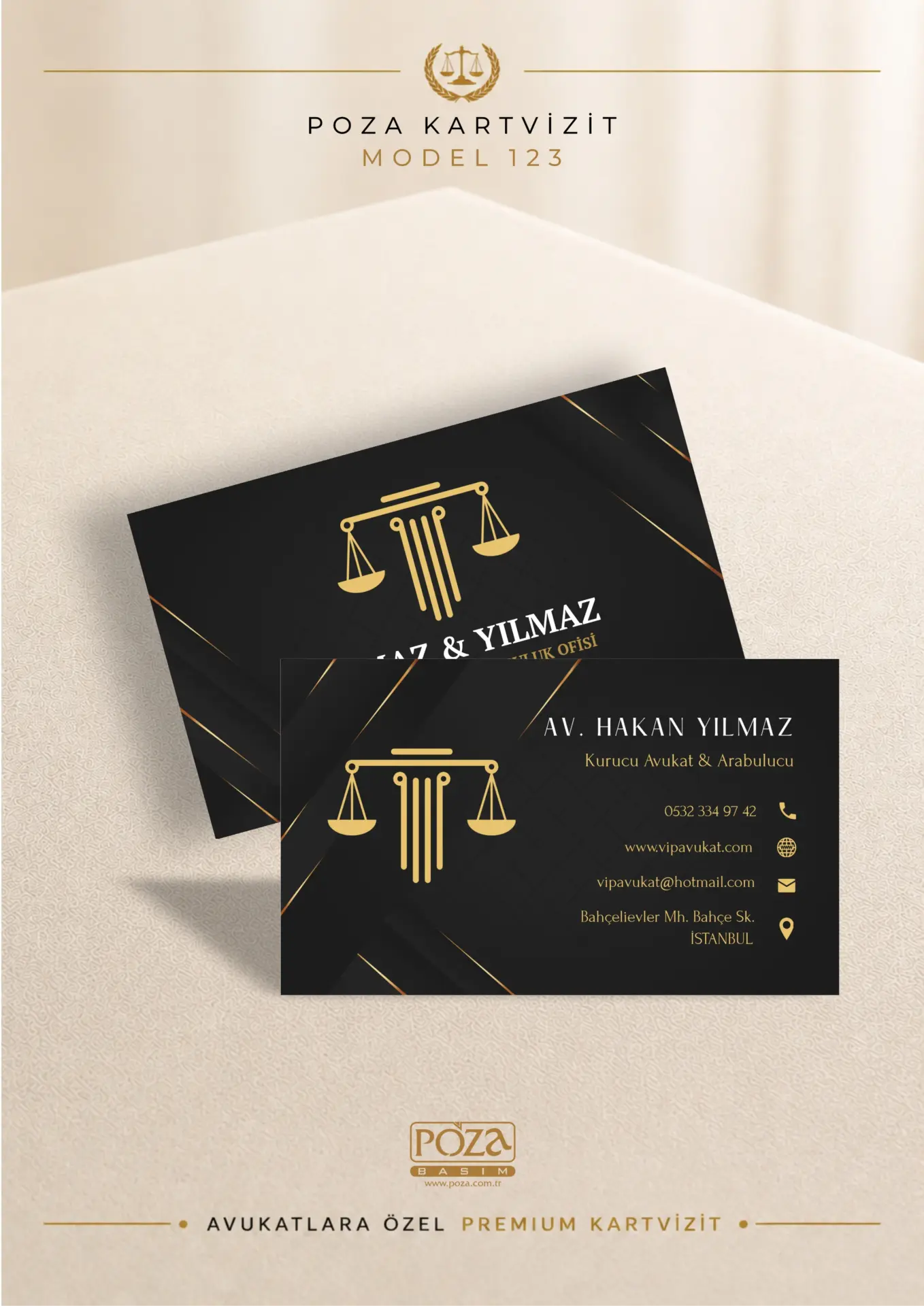 Poza Avukat Kartvizit Model 123 siyah ve gold detaylı, varak yaldıza uygun minimal premium kartvizit tasarımı.
