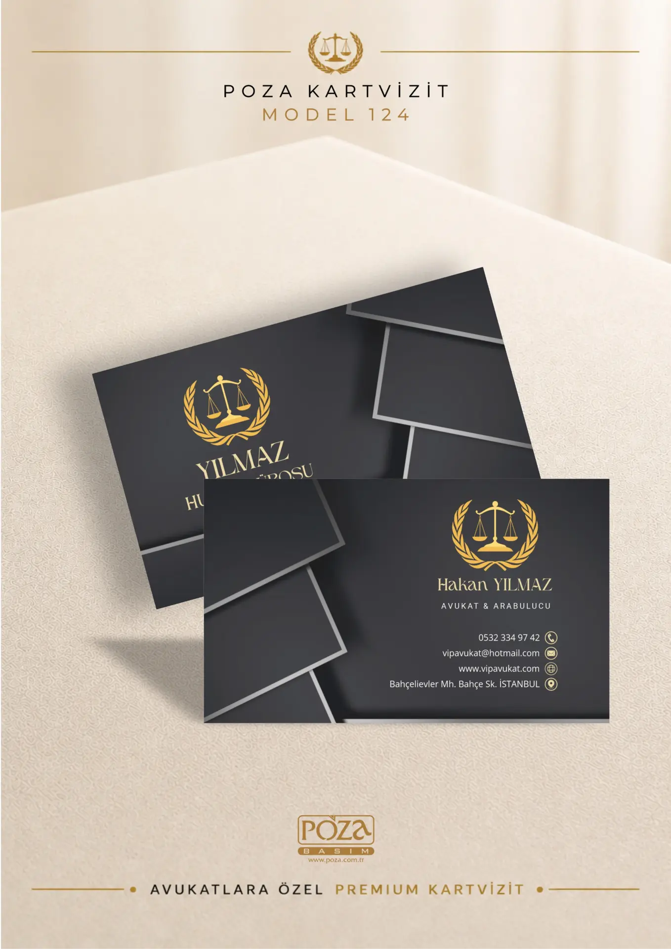 Poza Avukat Kartvizit Model 124 katmanlı desen yapısı ve siyah gold detaylarıyla premium kartvizit tasarımı.