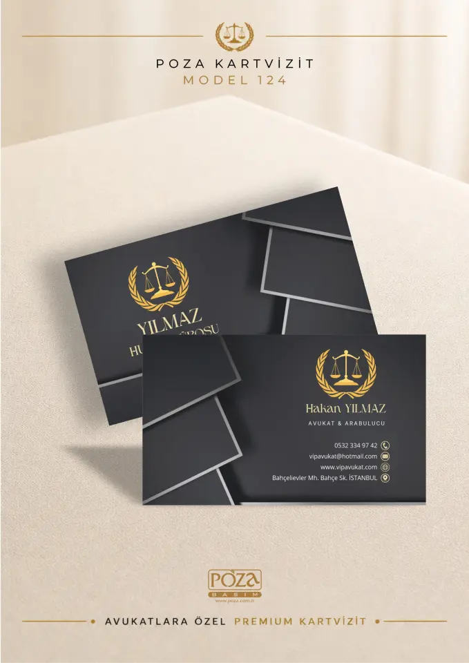 Poza Avukat Kartvizit Model 124 katmanlı desen yapısı ve siyah gold detaylarıyla premium kartvizit tasarımı.