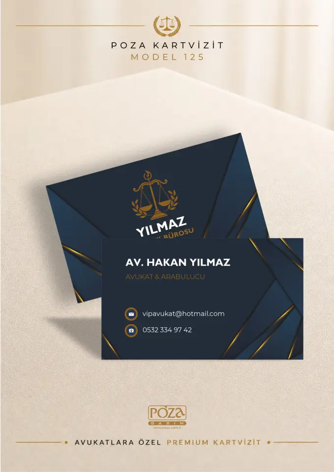 Poza Avukat Kartvizit Model 125 perspektif desenli lacivert ve gold detaylı premium kartvizit tasarımı.