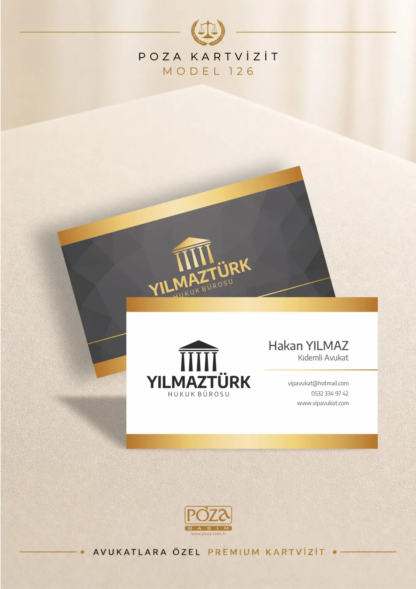 Poza Avukat Kartvizit Model 126 gold, beyaz ve gri geometrik desenli varak yaldıza uygun premium kartvizit tasarımı.