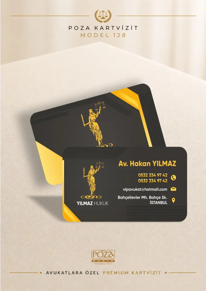Poza Avukat Kartvizit Model 128 sarı ve siyah tonlarında Themis figürlü, yuvarlak köşeli, modern ve dikkat çekici premium kartvizit tasarımı.