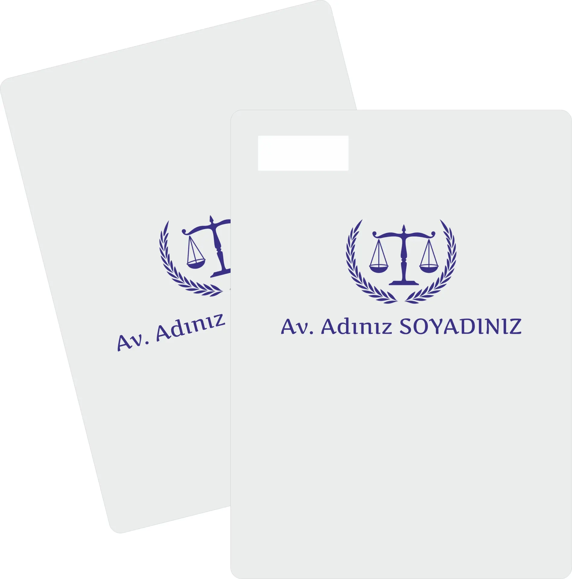 Hafif gri zemin ve lacivert kurumsal detaylarla sade, temiz ve prestijli avukat büro dosyası.