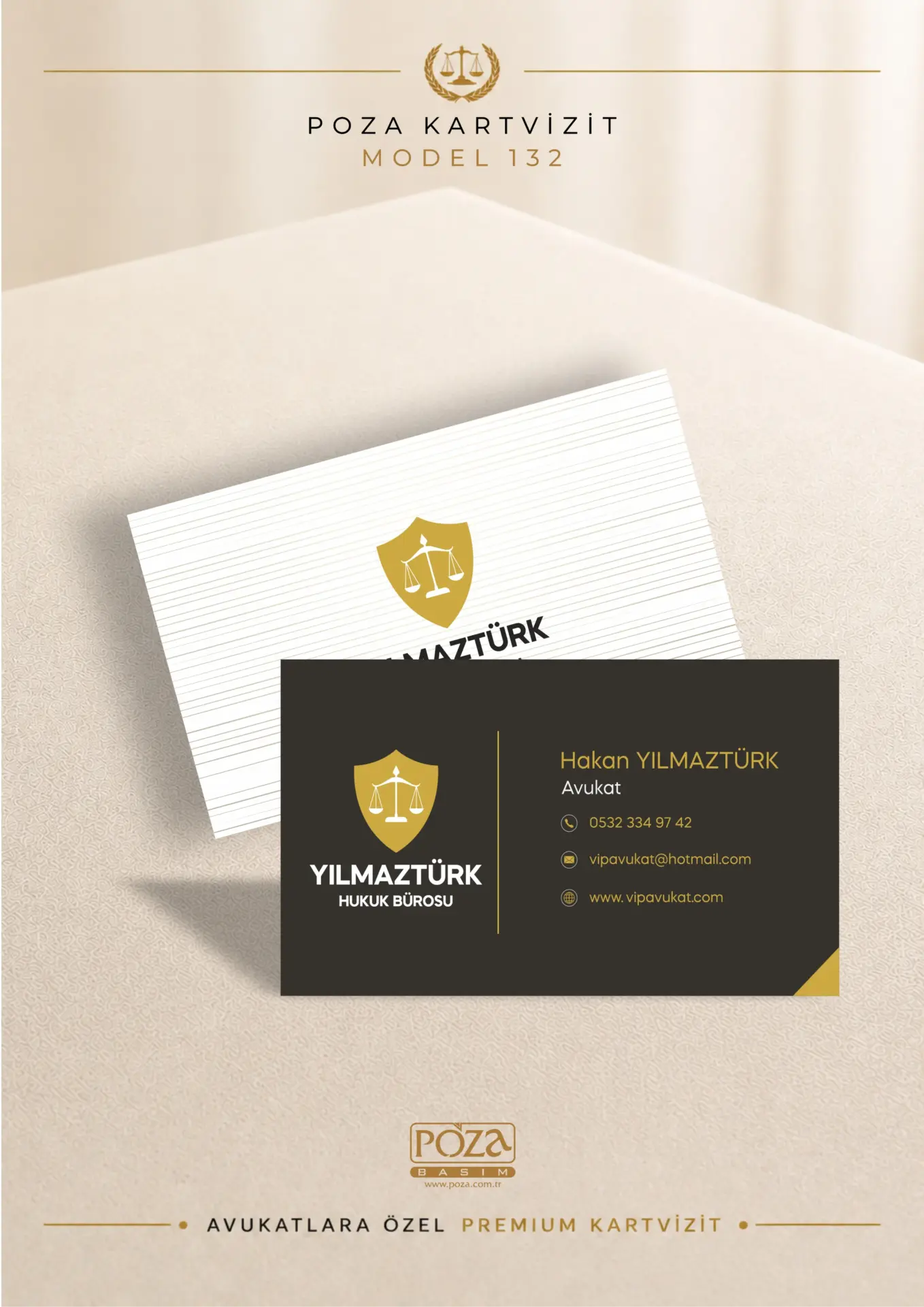 Poza Avukat Kartvizit Model 132 beyaz, siyah ve gold tonlarında çizgisel desen detaylı, modern ve kişiye özel premium kartvizit tasarımı.