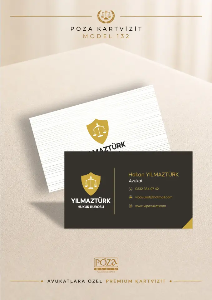 Poza Avukat Kartvizit Model 132 beyaz, siyah ve gold tonlarında çizgisel desen detaylı, modern ve kişiye özel premium kartvizit tasarımı.