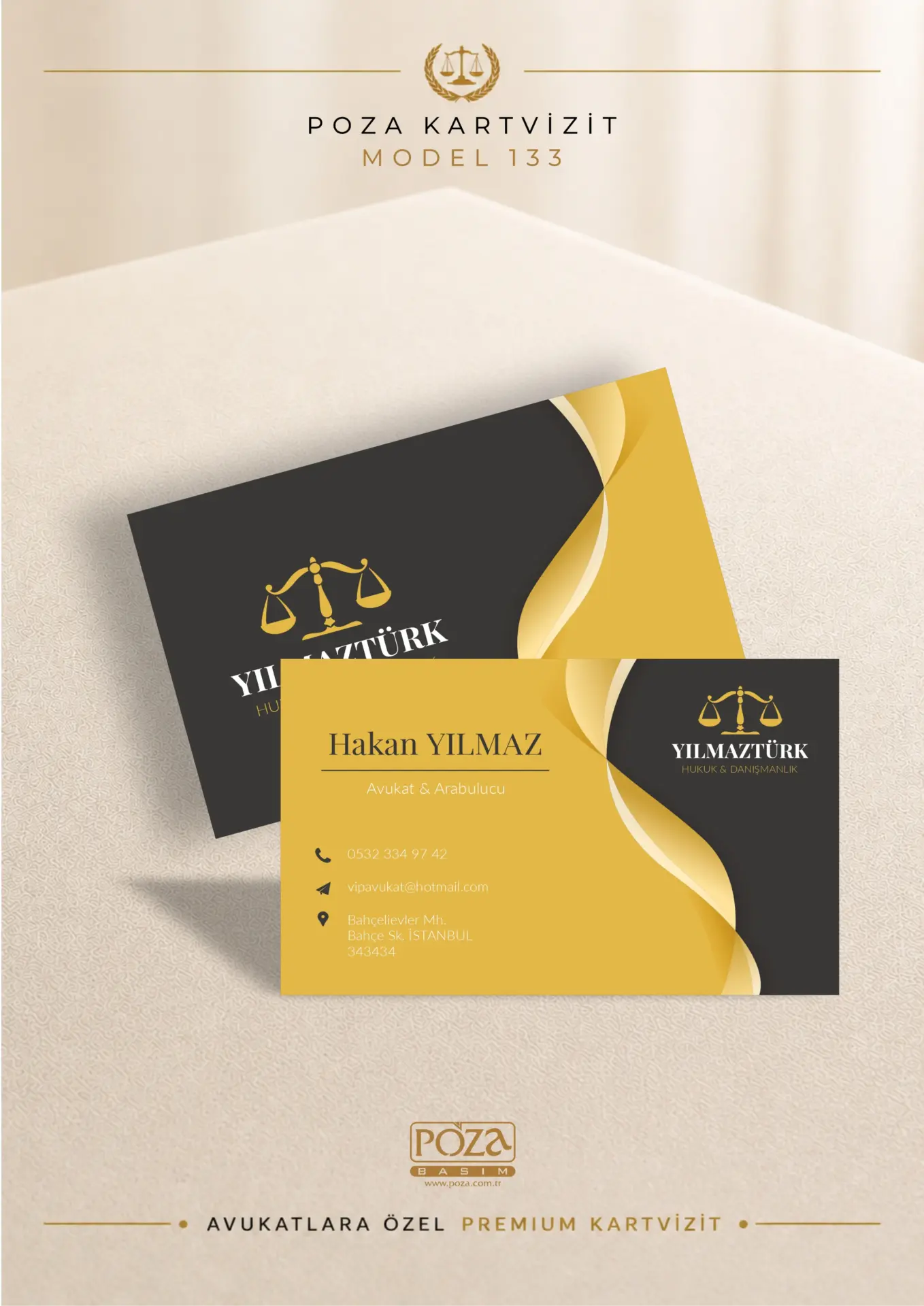Poza Avukat Kartvizit Model 133 gold ve siyah renklerde, akıcı desen geçişleri ve varak yaldıza uygun premium avukat kartviziti tasarımı.