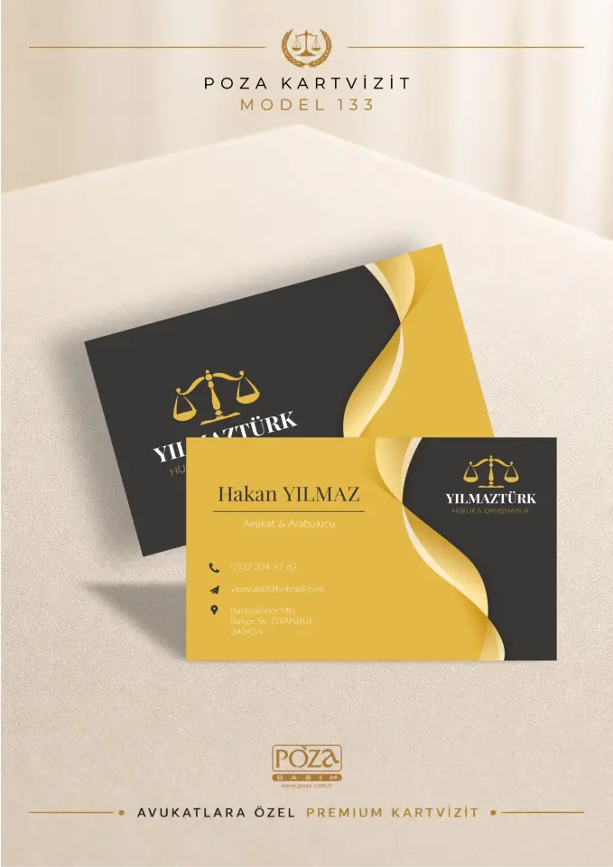 Poza Avukat Kartvizit Model 133 gold ve siyah renklerde, akıcı desen geçişleri ve varak yaldıza uygun premium avukat kartviziti tasarımı.