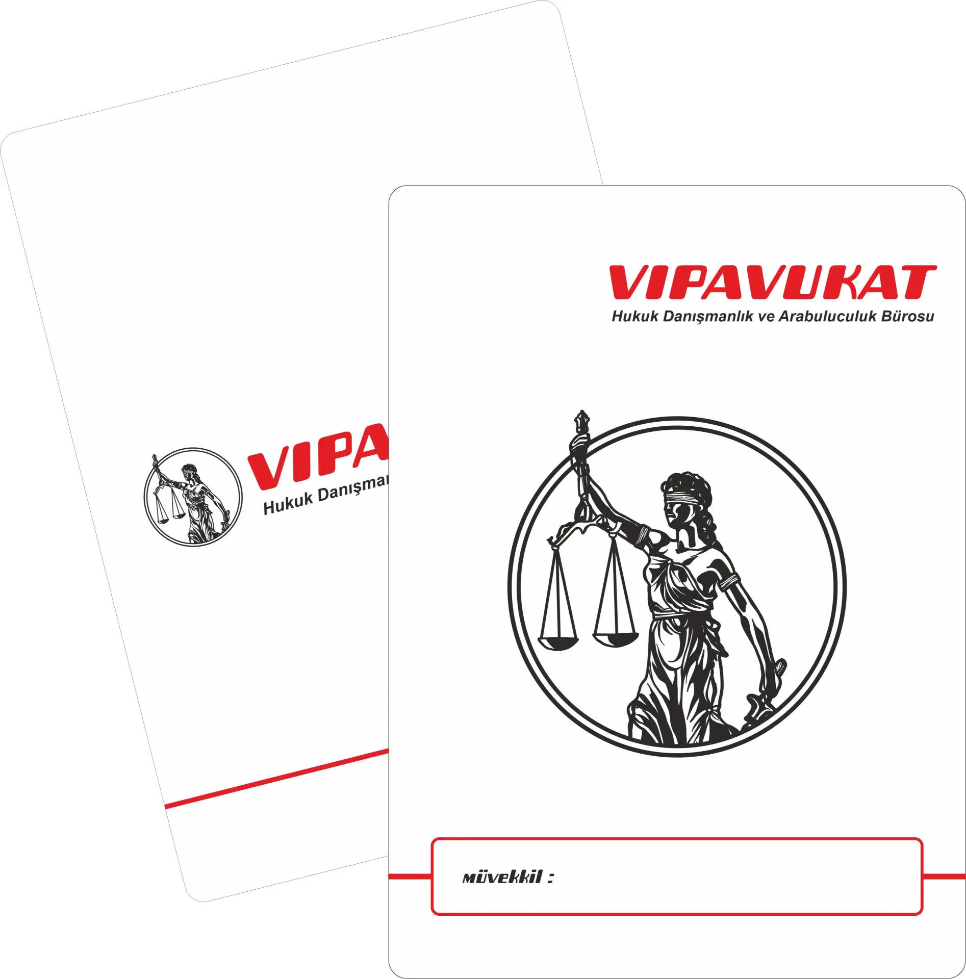 Siyah-kırmızı renk uyumu ve güçlü Themis detayıyla dikkat çeken premium avukat büro dosyası.