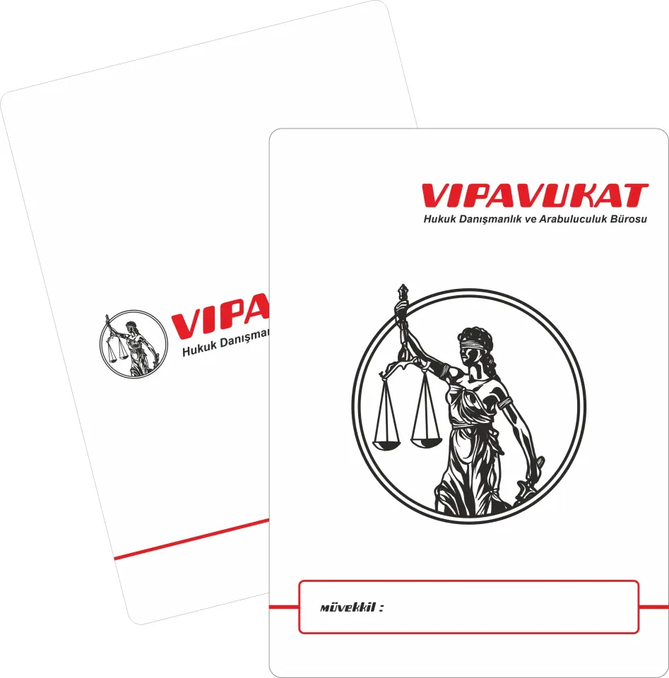 Siyah-kırmızı renk uyumu ve güçlü Themis detayıyla dikkat çeken premium avukat büro dosyası.