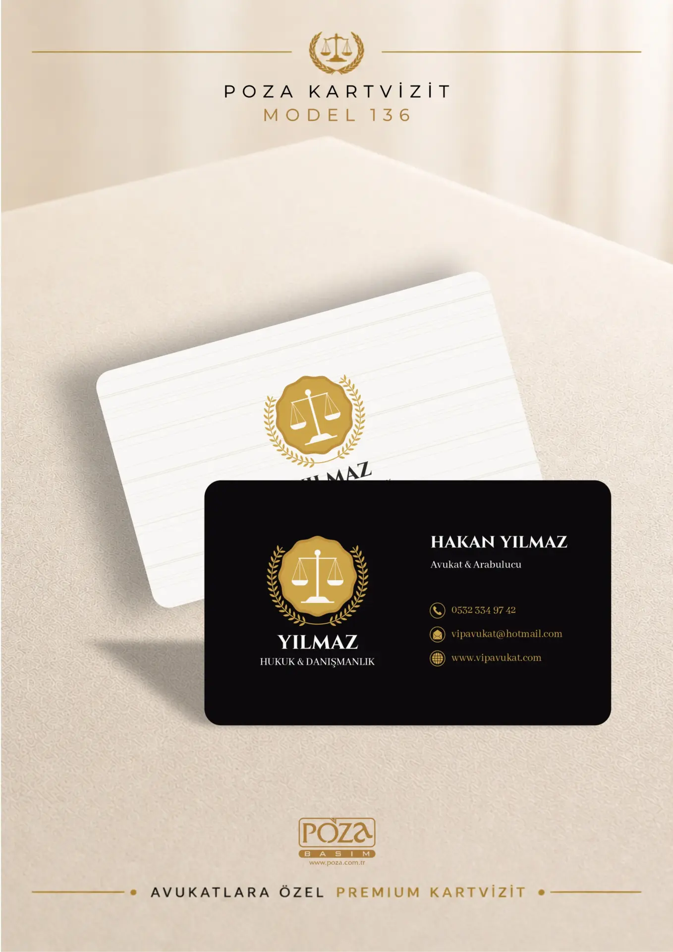 Poza Avukat Kartvizit Model 136 siyah gold ön yüzü ve çizgisel desenli beyaz arka yüzüyle varak yaldıza uygun premium avukat kartviziti tasarımı.