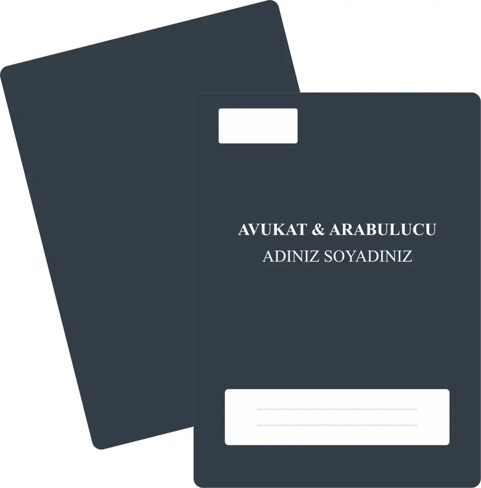 Antrasit zemin ve sade tipografiyle isim ve kurumsal kimliği ön plana çıkaran minimal avukat büro dosyası.