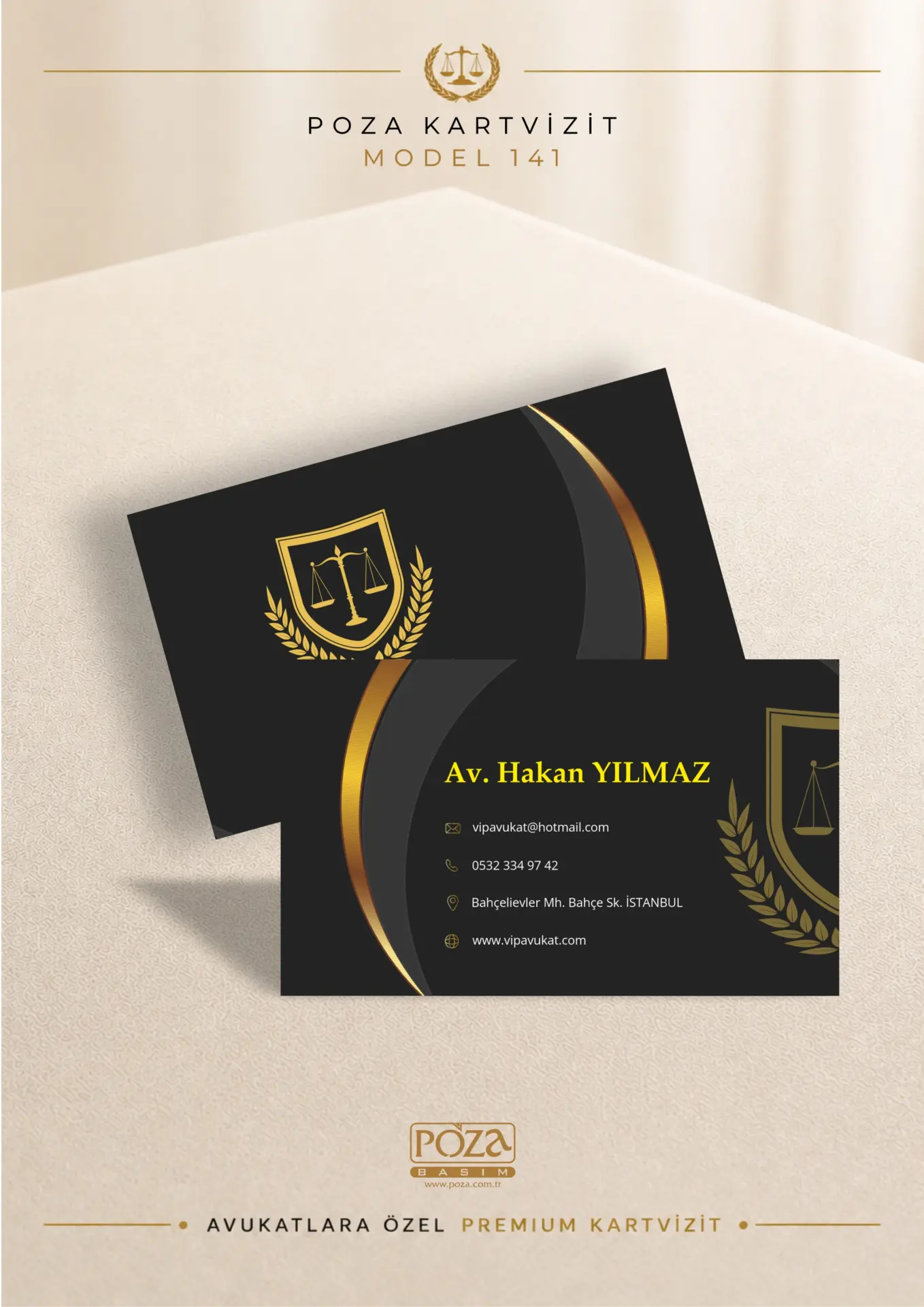 Poza Avukat Kartvizit Model 141 siyah gold renklerde, varak yaldıza uygun prestijli premium kartvizit tasarımı.